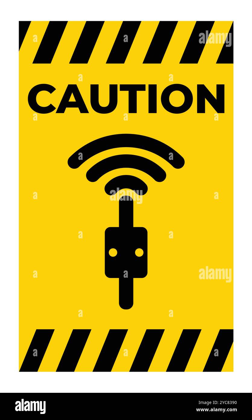 This caution sign features a wireless signal icon and plug ...