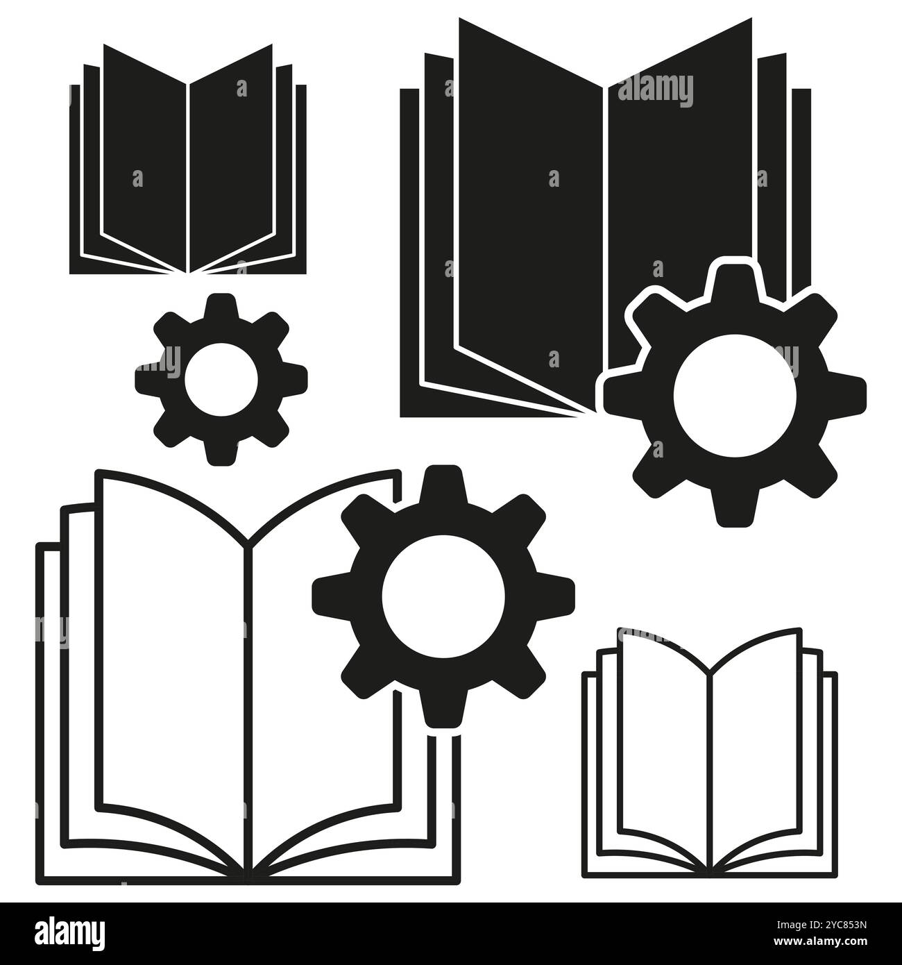 Gears and books. Mechanical process symbol. Open book figure. Technical ...