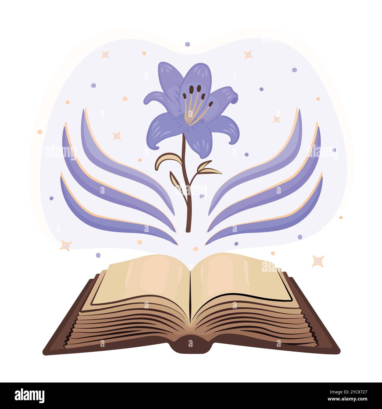 Old magical open book with a flower and sparks, shining notebook with blank pages and exquisite blue lily, vintage empty paper, dark academy literatur Stock Vector