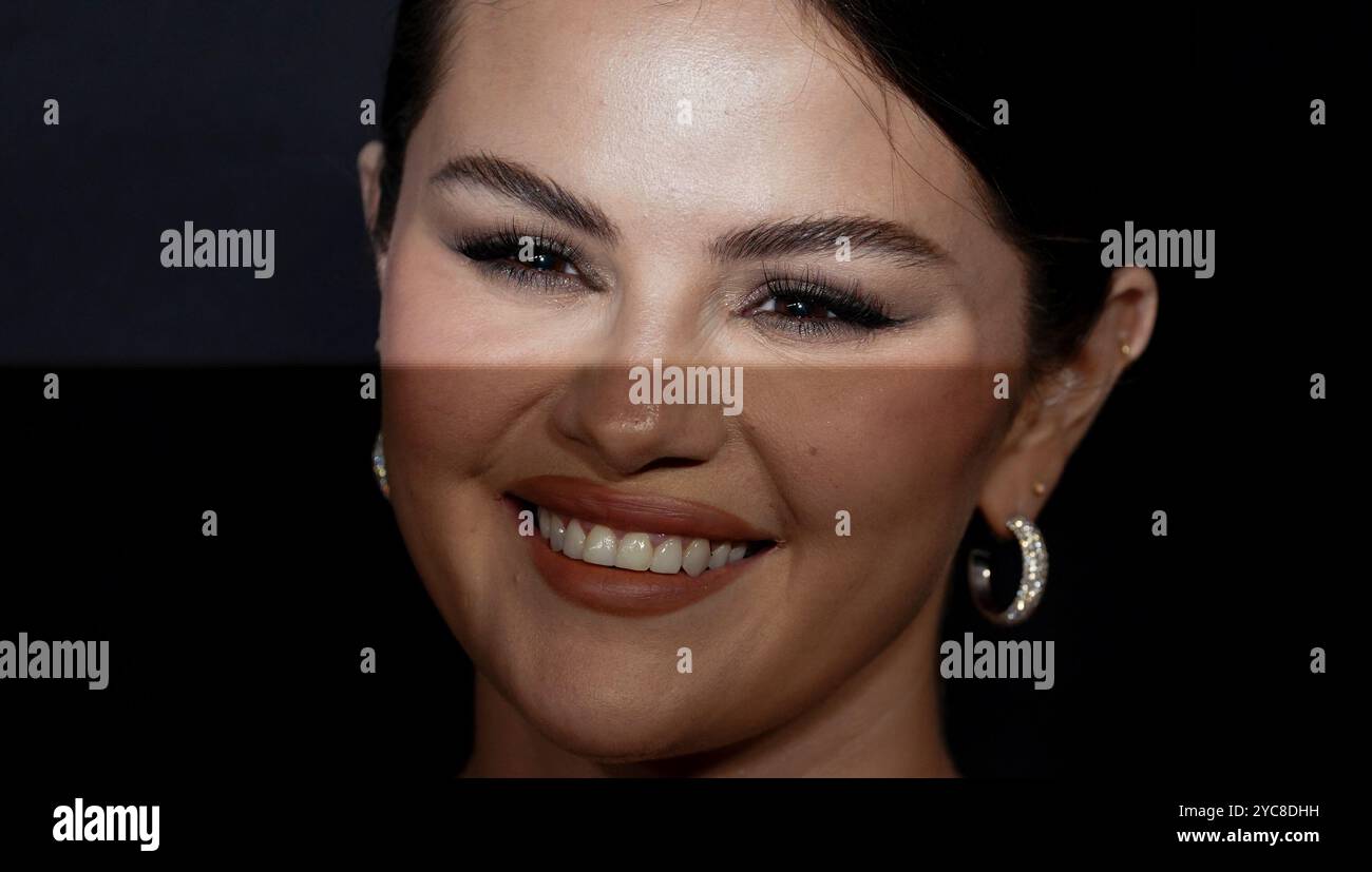 Selena Gomez arrives at the premiere of "Emilia Perez" on Monday, Oct