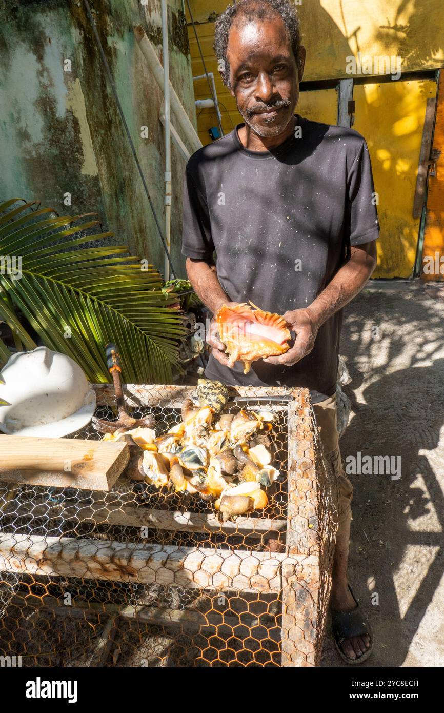 A man with shell fish on Tobacco Caye, Belize Stock Photo - Alamy