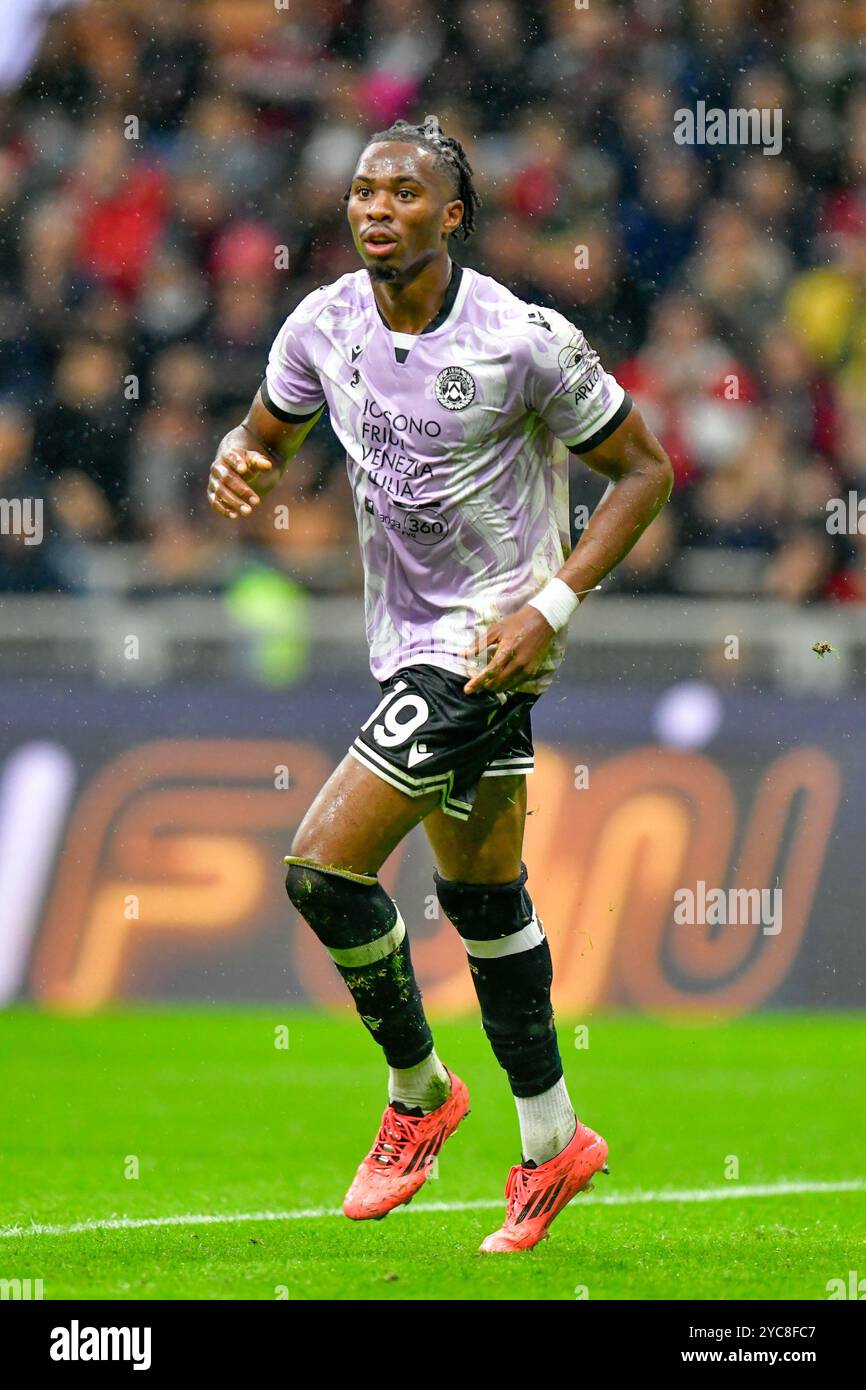 Milano, Italy. 19th, October 2024. Kingsley Ehizibue (19) of Udinese seen during the Serie A match between AC Milan and Udinese at San Siro in Milano. Stock Photo