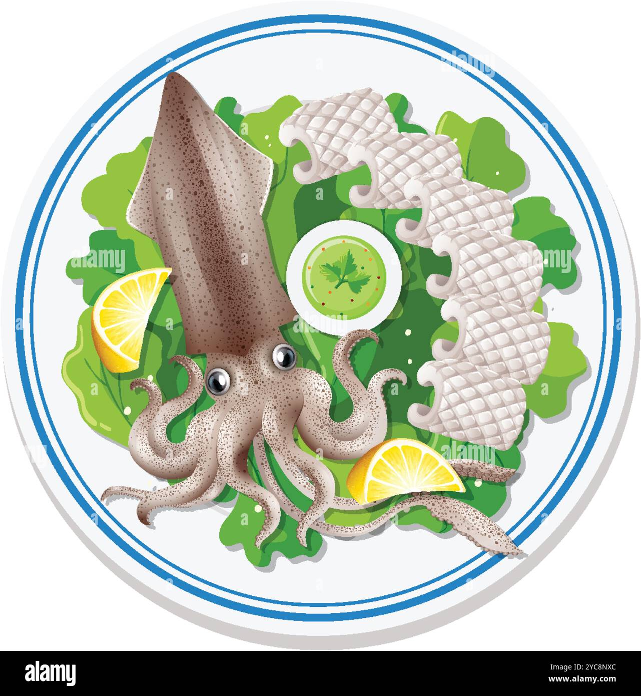 Illustration of squid, lemon, and greens on plate Stock Vector