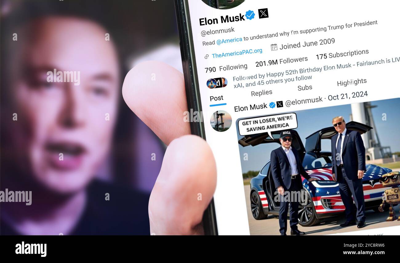Ukraine. Poltava. October 21, 2024. Elon Musk profile on a smartphone