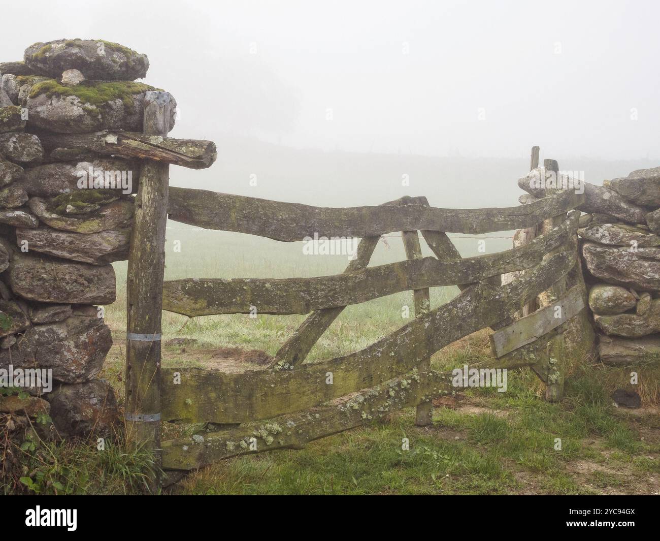 Old wooden farm gate and a dry-stone wall in a foggy autumn morning, Barbadelo, Galicia, Spain, Europe Stock Photo