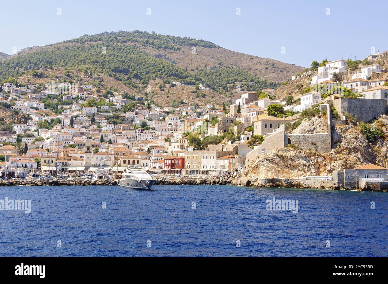 Approaching Hydra, one of the most picturesque islands of Greece Stock Photo