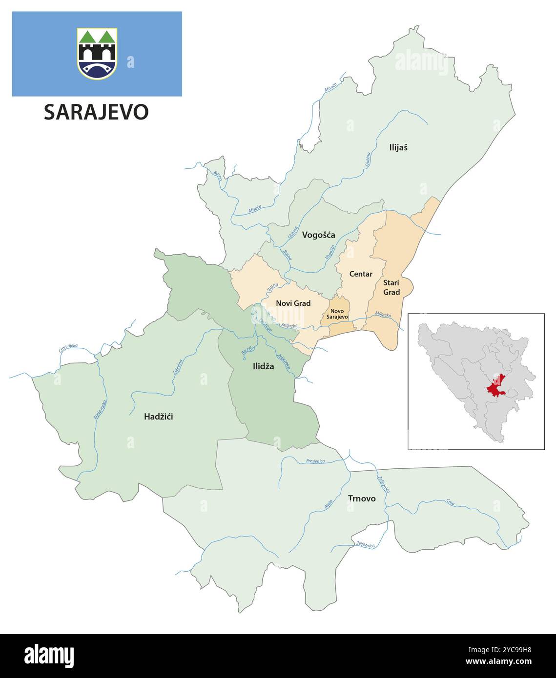 Administrative vector map of Sarajevo canton and city, Bosnia and Herzegovina, Europe Stock Photo