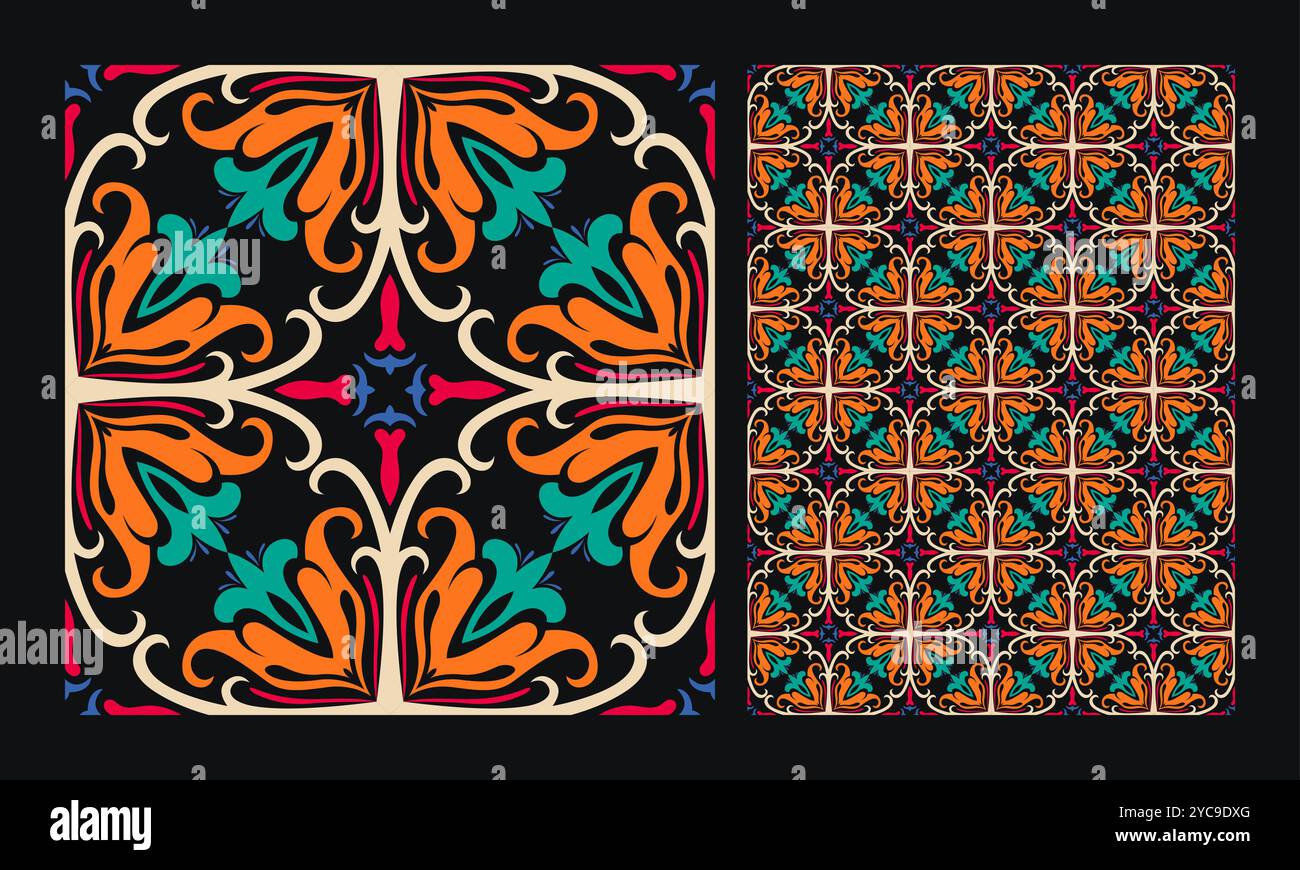 Patterned Azulejo Floor Tiles. Abstract Geometric Background. Vector illustration, Seamless Mediterranean Pattern Stock Vector