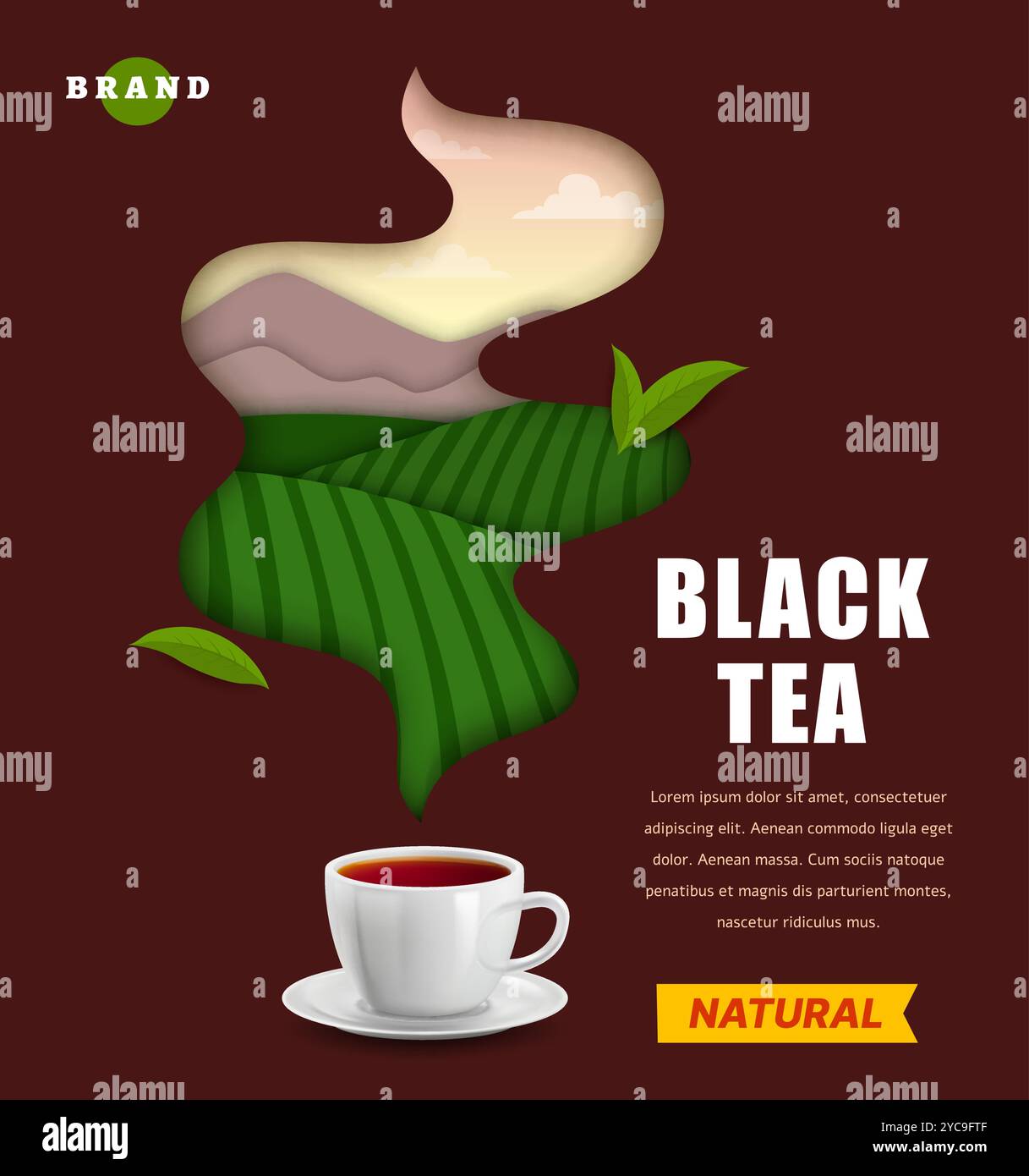 Paper cut tea cup and plantation landscape banner. Vector 3d hot black ...