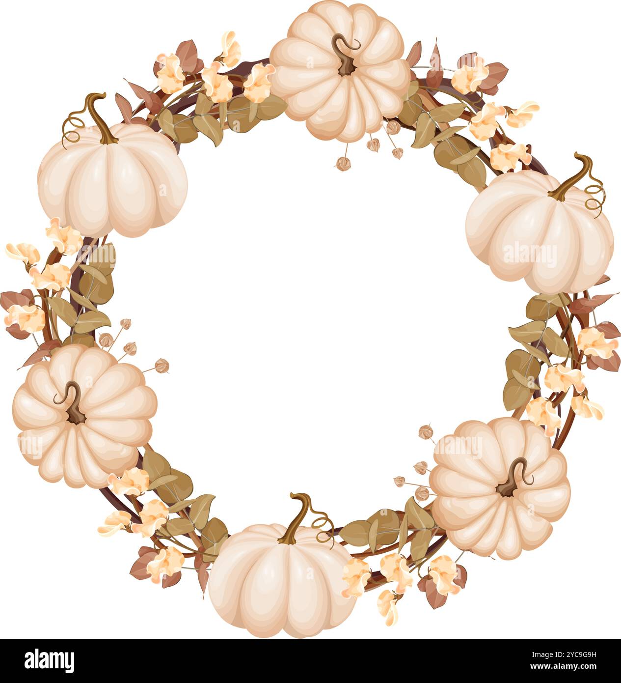 A delicate autumn wreath made of beige pumpkins, soft flowers, and ...