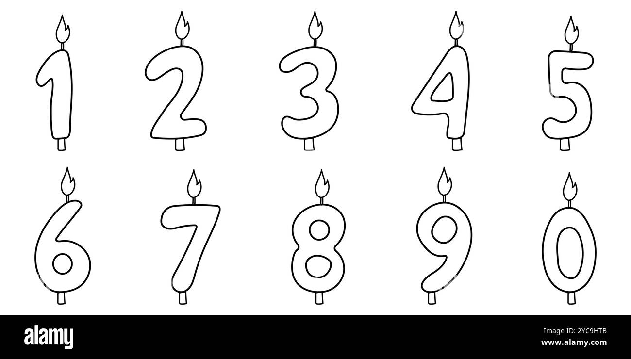 Birthday candles numbers cute outline doodle style, hand drawn. Set ...