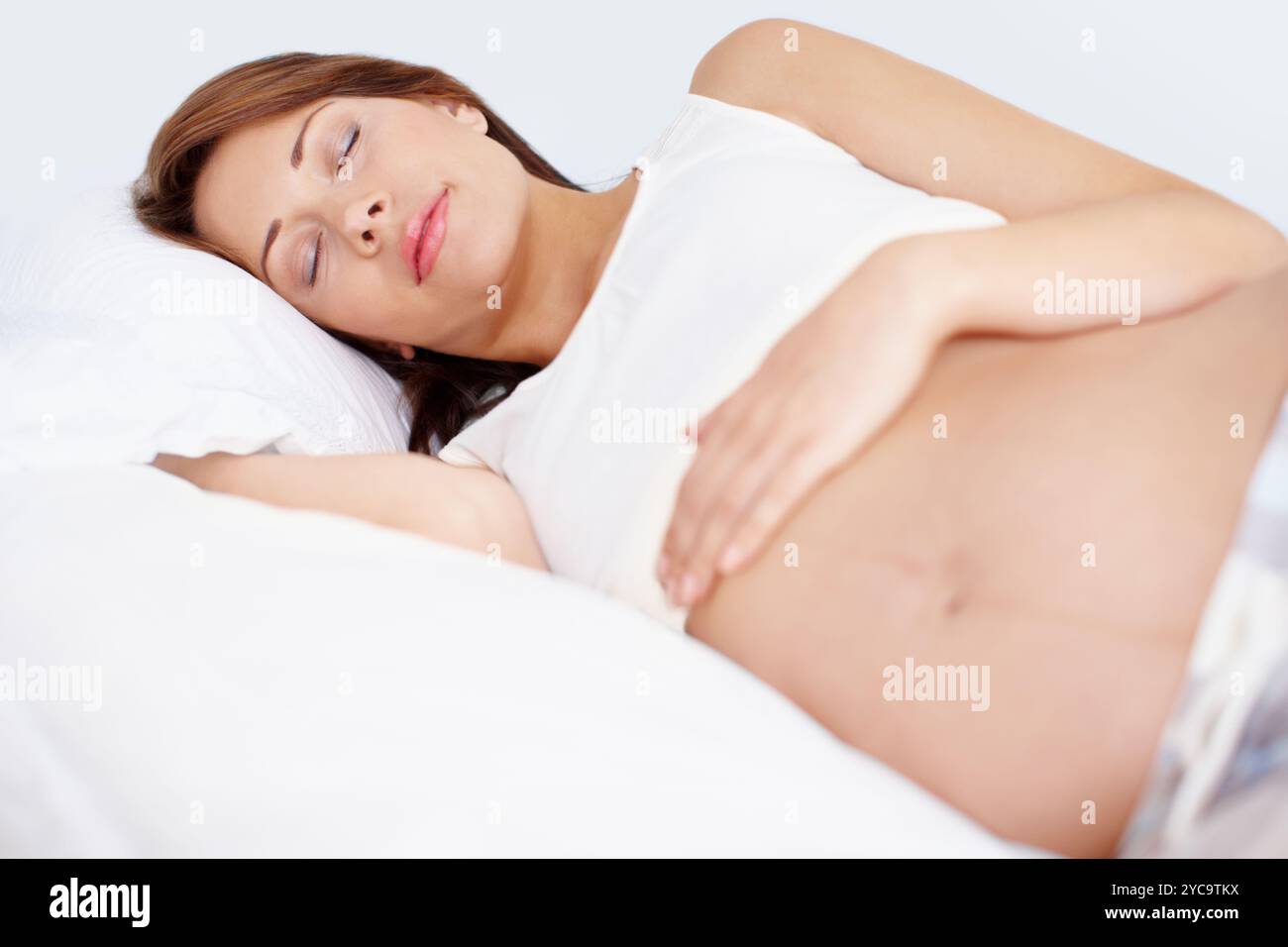 Tummy Rested Pregnant woman, sleeping and rest in bedroom with break, comfort and ...