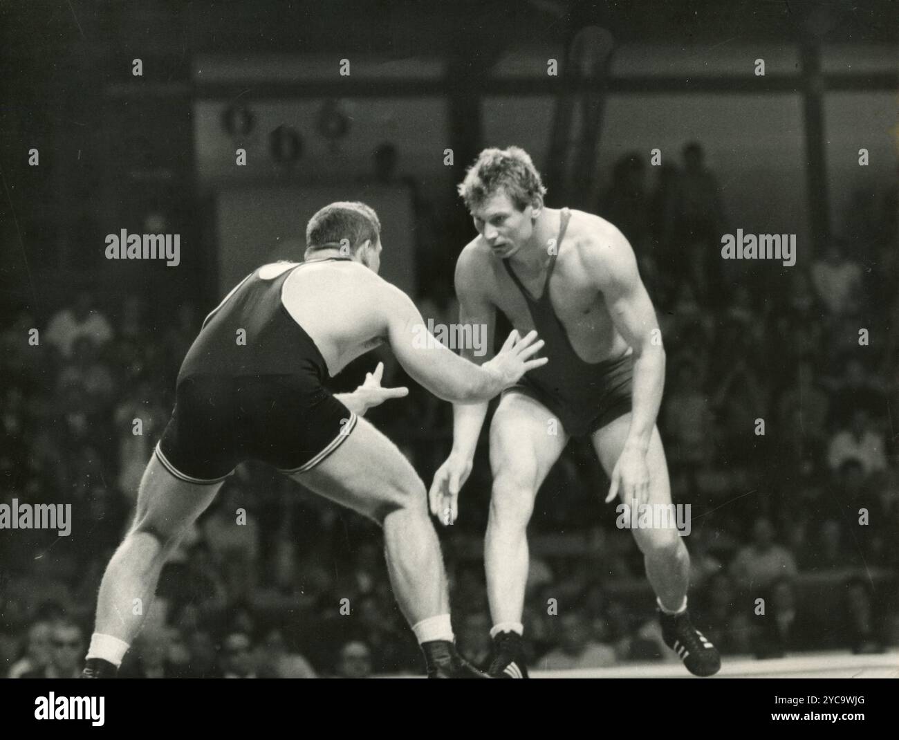 Soviet heavyweight freestyle professional champion, wrestler Alexandre Medved (right), and American Larry Kristoff during a match at the Olympics, Mexico 1970 Stock Photo