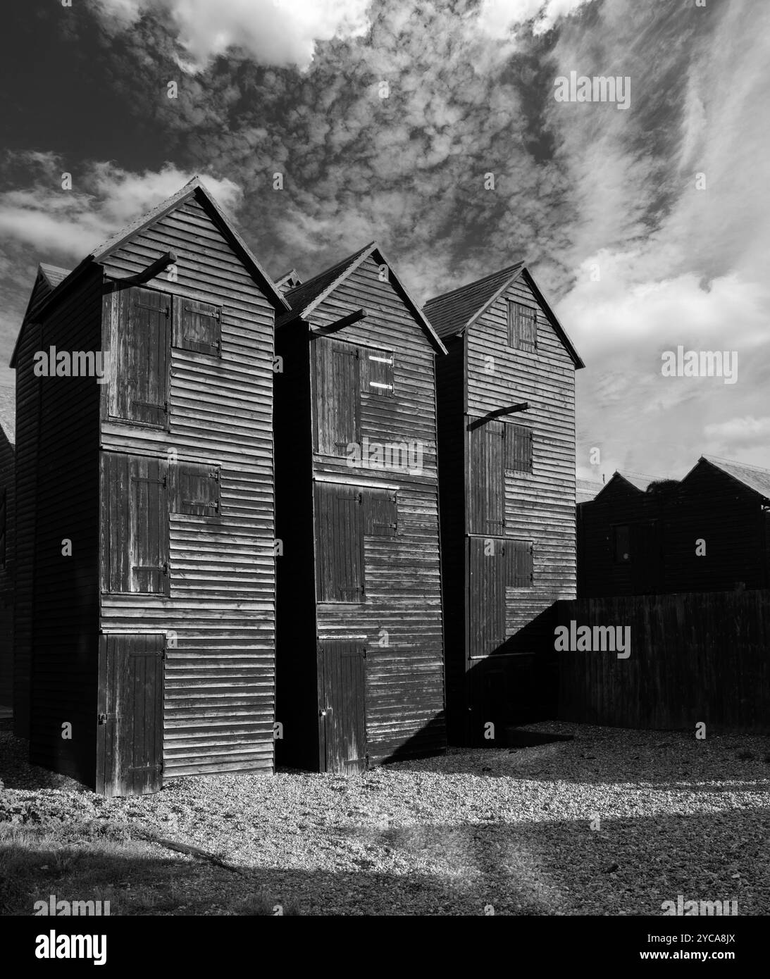 Traditional old Net Shops - drying sheds - on The Stade, Hastings Old Town, Hastings, East Sussex, England, UK - grade II* listed buildings Stock Photo