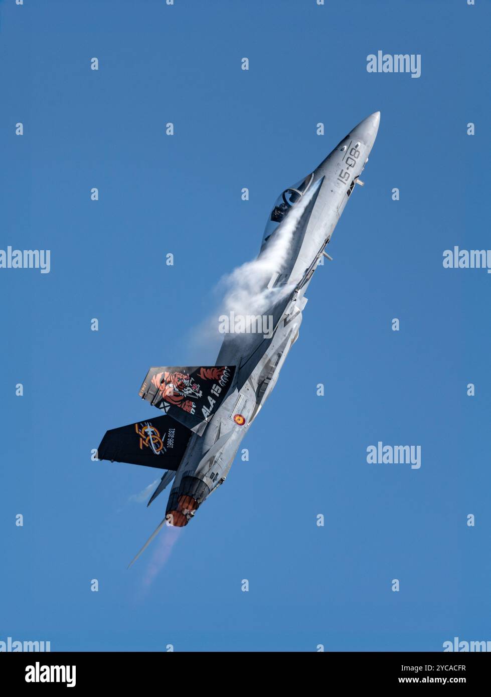 Fairford, England, UK, July 16 2022: Spanish Air Force F-18 Hornet with afterburners in flight at the airshow Stock Photo