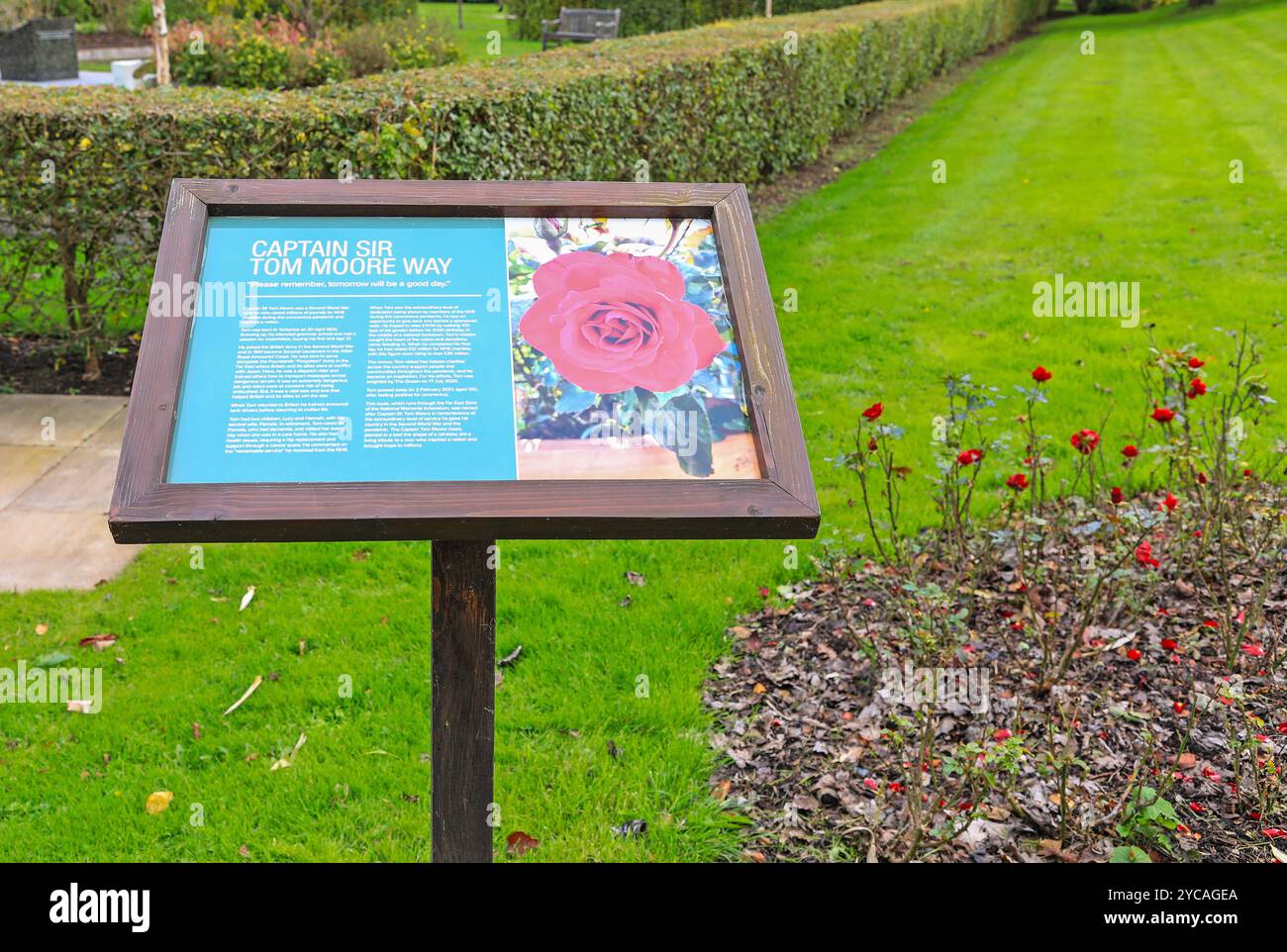 A sign for Captain Sir Tom Moore way at his rose garden at the National ...