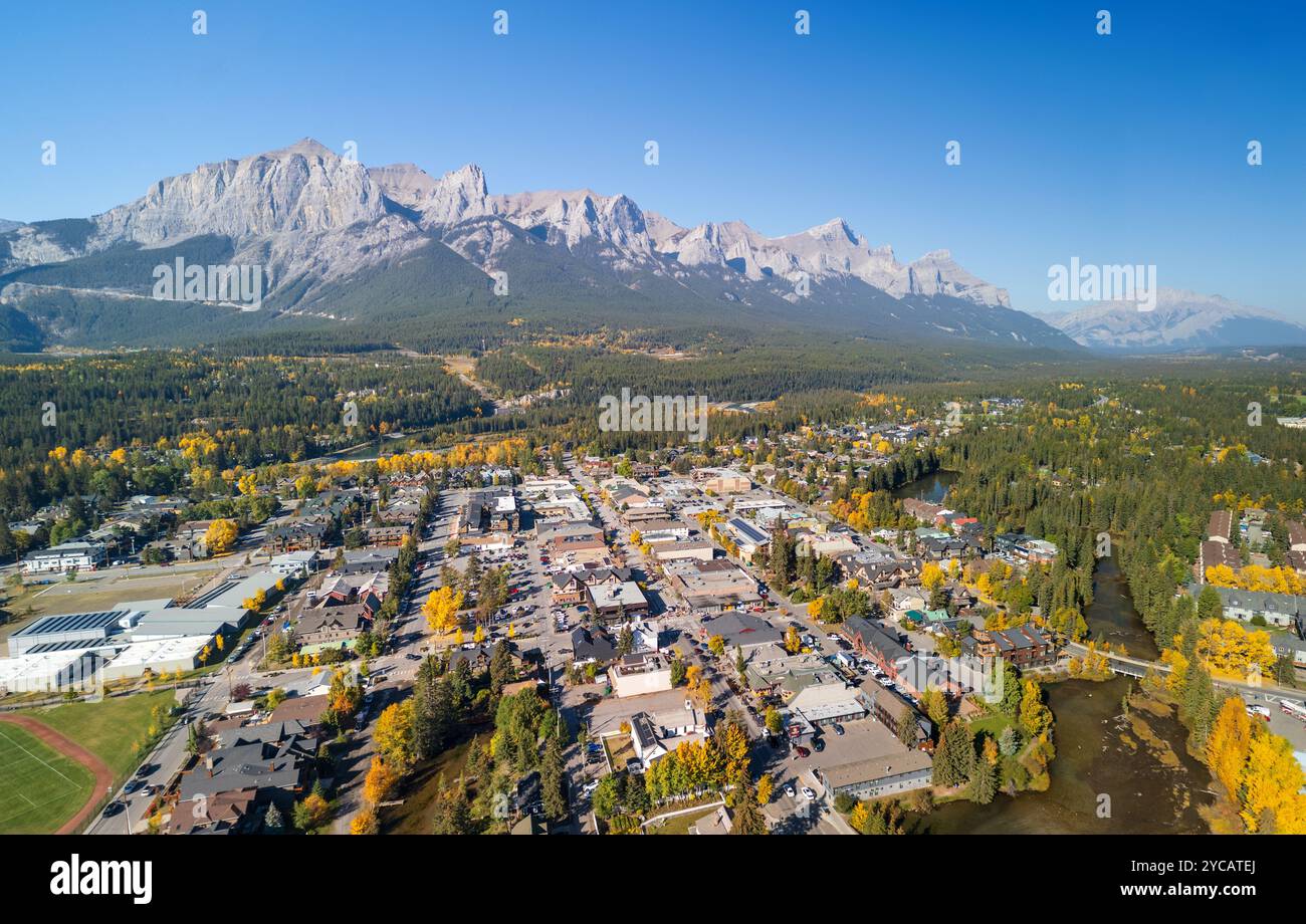 Mt Rundle Canmore Aerial view of Town of Canmore downtown area in a autumn sunny day ...