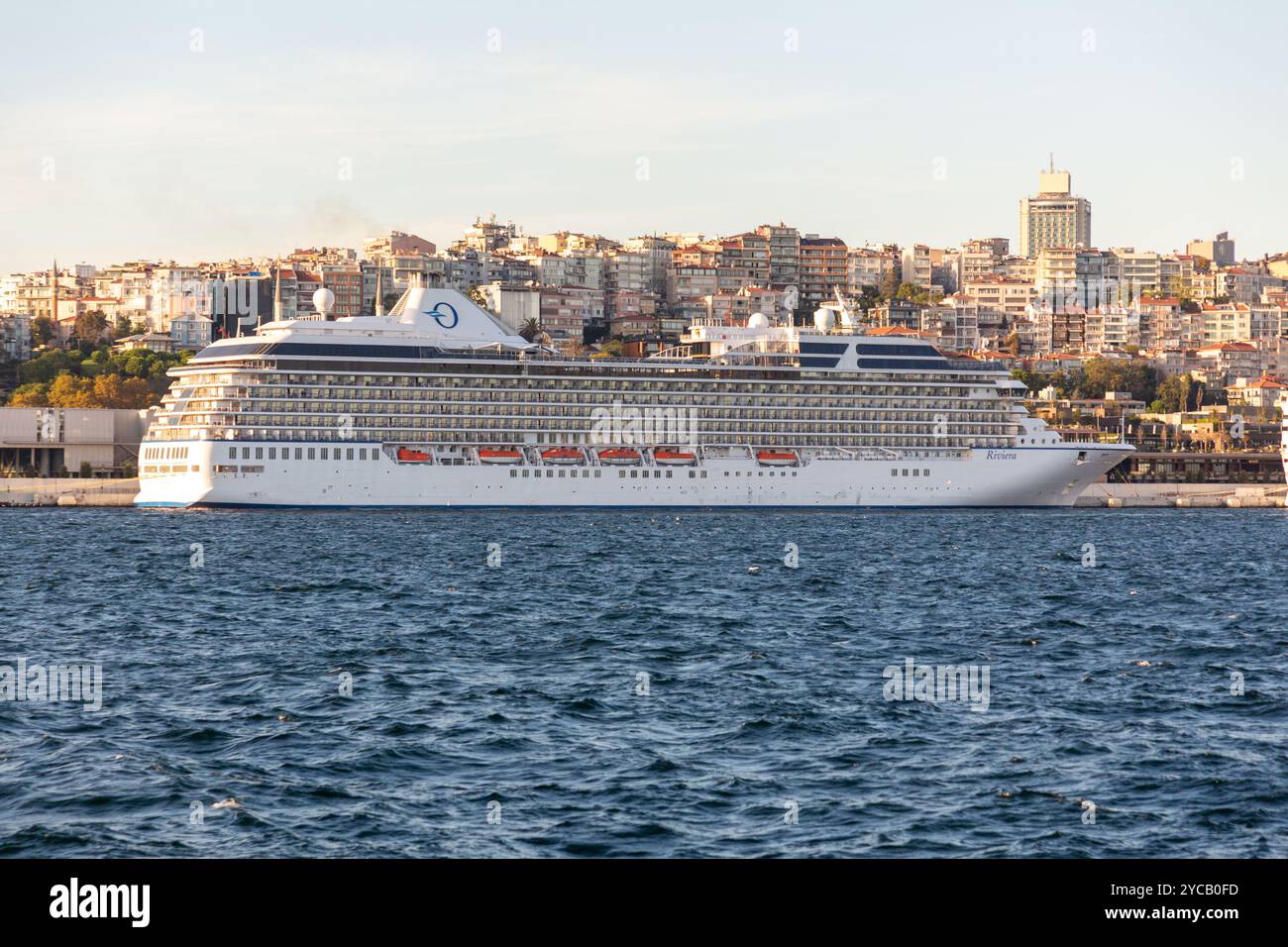 Istanbul, Turkiye - OCT 8, 2024: Luxury cruising ship docked on the Bosphorus coast in Istanbul, Turkiye. Stock Photo