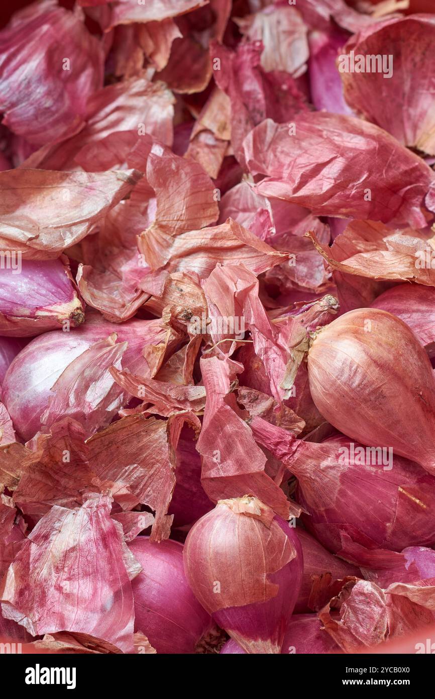 pile of shallots or small red onions with peels, used in cooking for mild sweet flavor and nutritional value, culinary and health benefits, soft focus Stock Photo