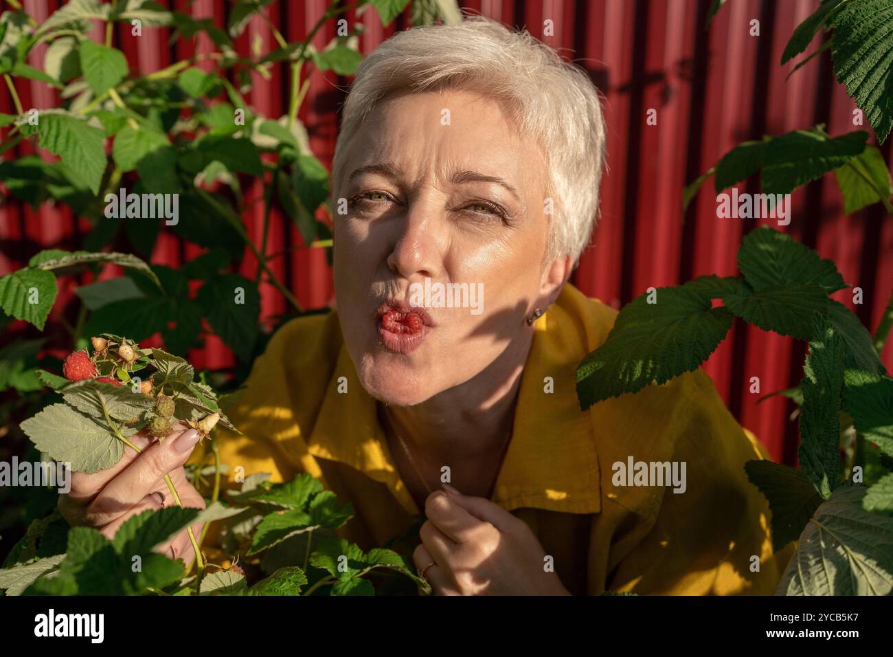 A playful mature woman with short white hair makes a kissing face at a ...