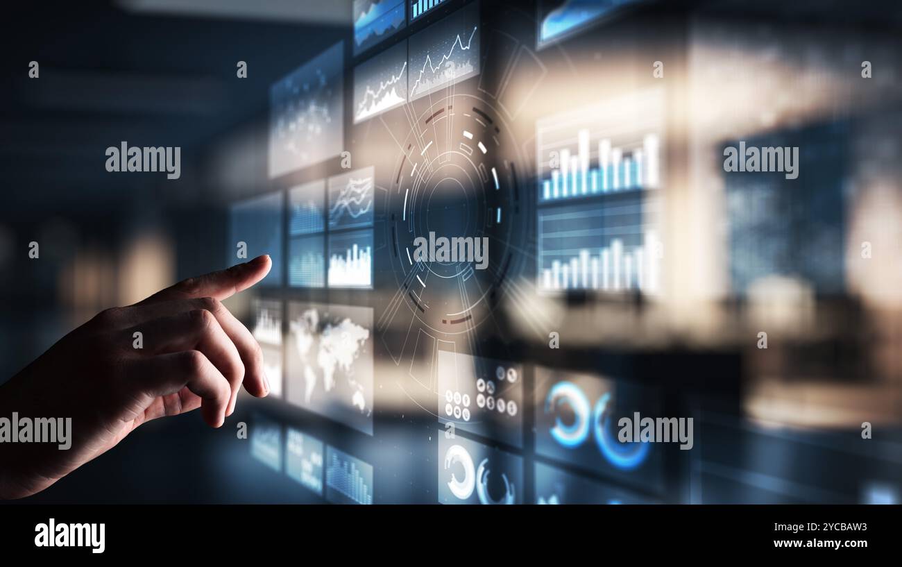 Virtual screen business intelligence dashboard, analytics and big data technology concept. Stock Photo