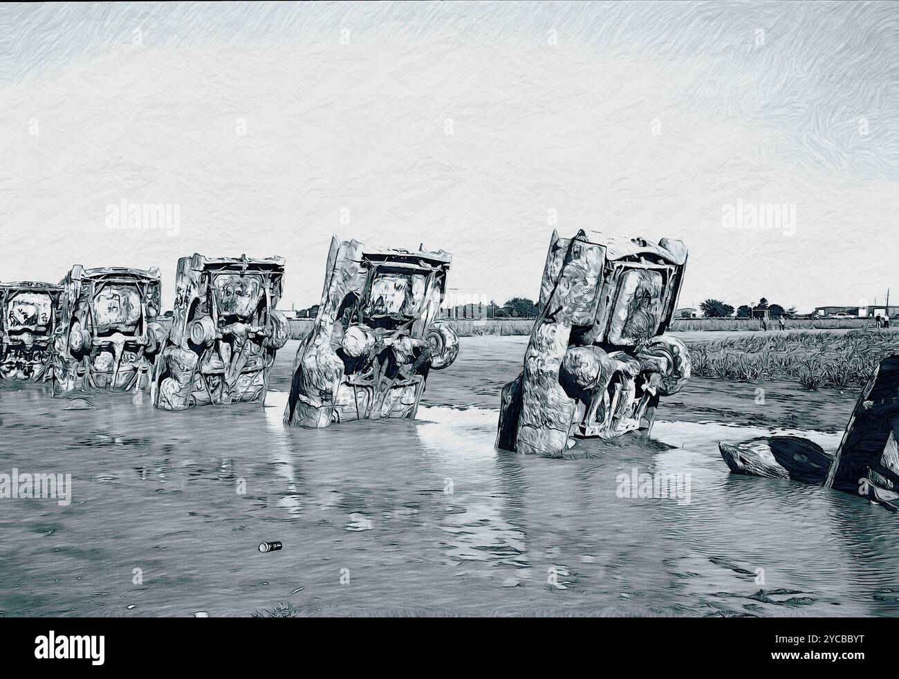Sketch of a flooded out Cadillac Ranch in Amarillo, Texas Stock Photo ...