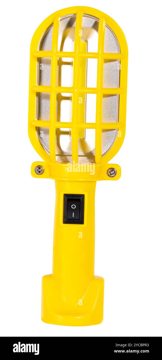 Yellow LED flashlight on batteries isolated on white Stock Photo