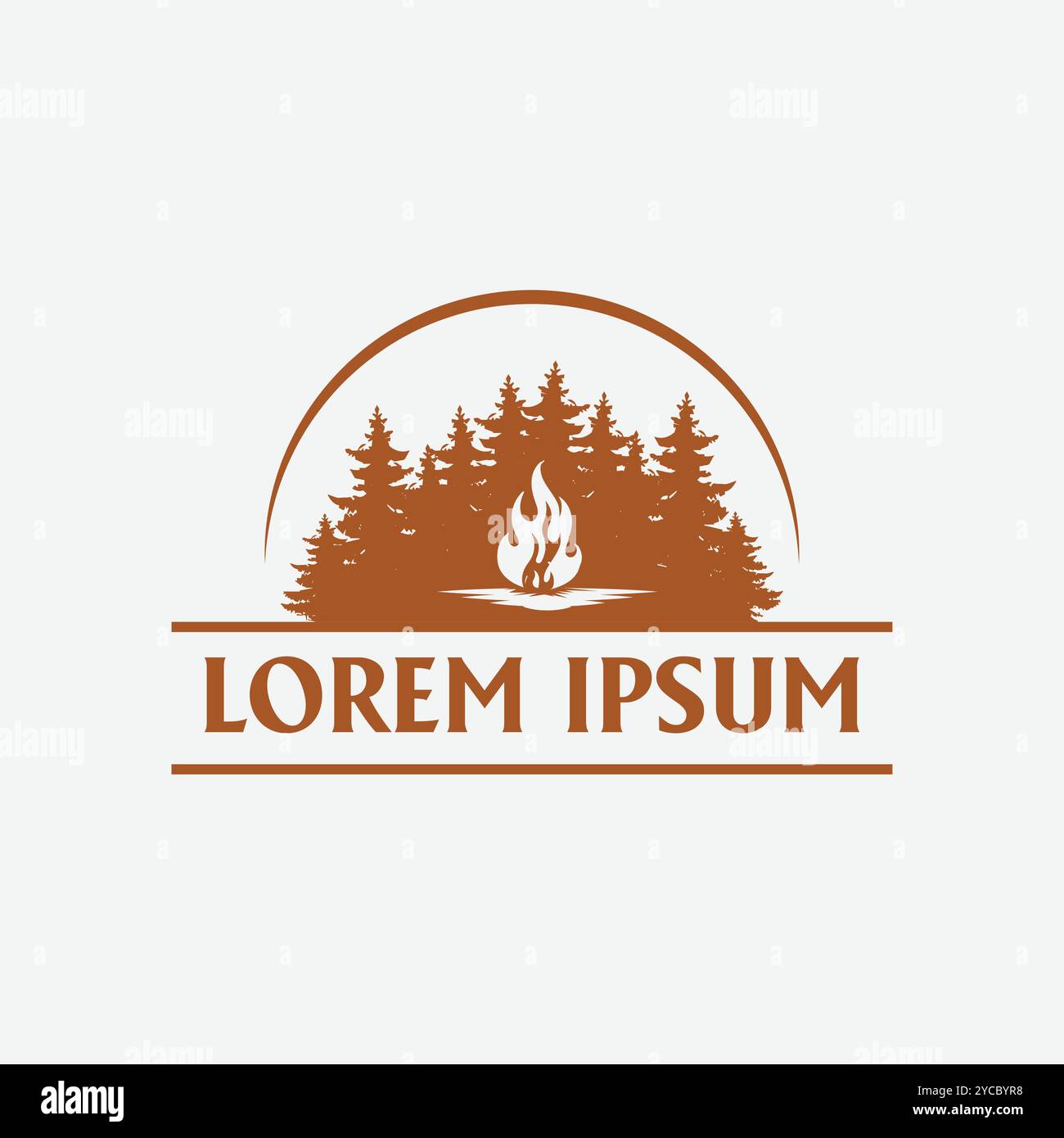 Vintage Retro Pine Cedar Conifer Evergreen Spruce Cypress Hemlock Fir Trees Forest with Bonfire for Camp Outdoor Adventure Logo Design Stock Vector