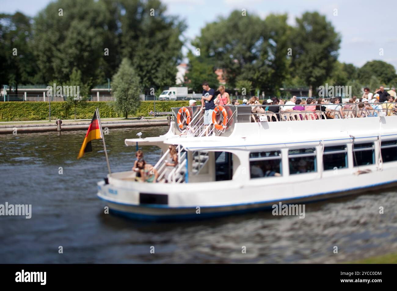 Berlin, Germany, July 29 2009, A boat glides along the Spree River in ...