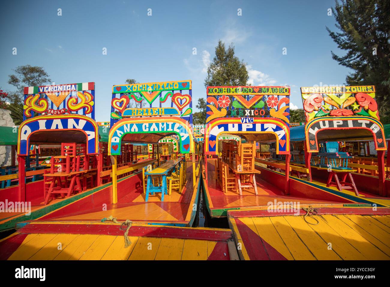 Trajineras Xochimilco, tourist area on a canal with boat rides and ...