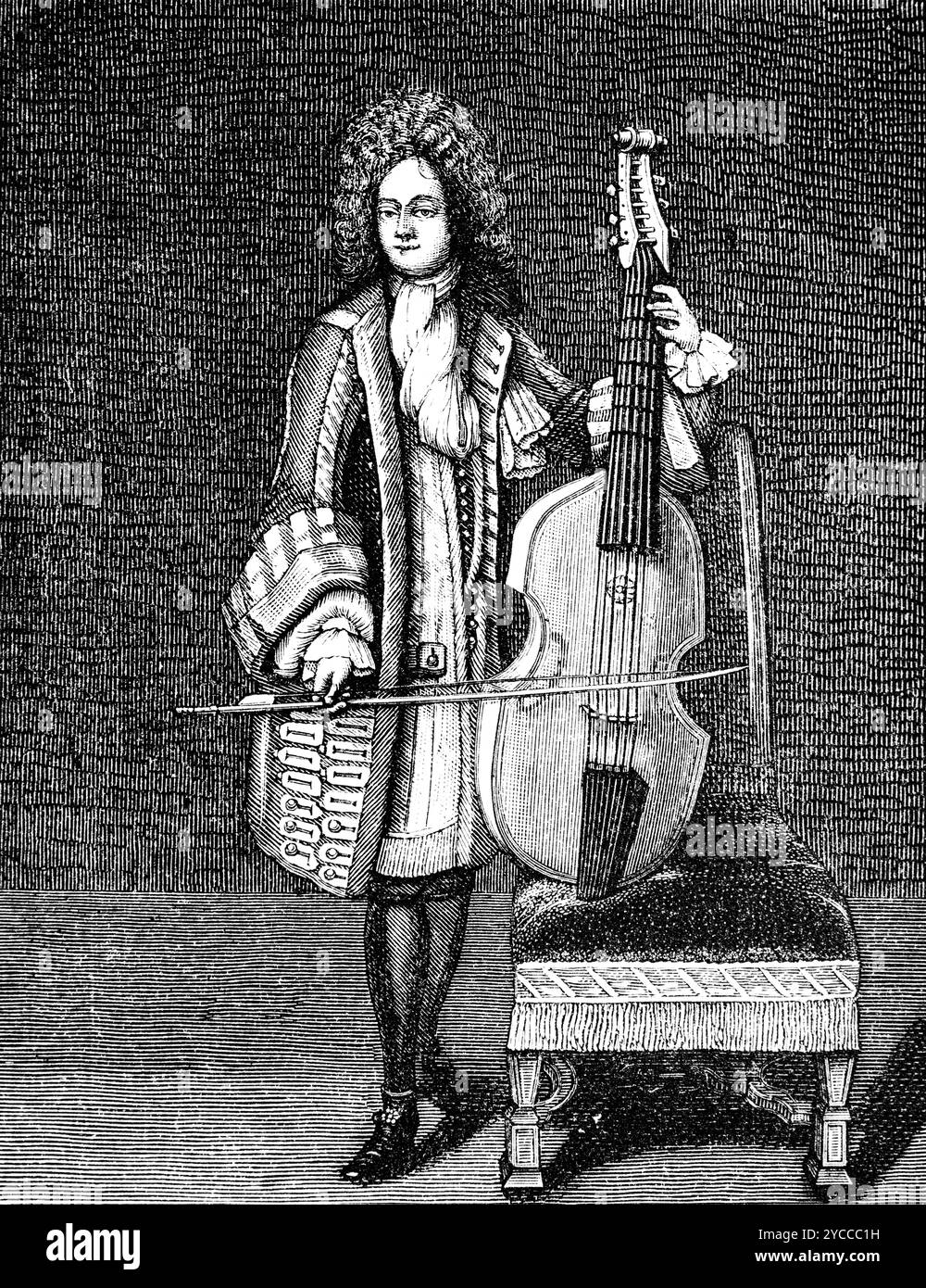 Johannes Schenck (Amsterdam 1660 - 1712), playing the gamba or bass viol, musician, historic illustration 1892 Stock Photo