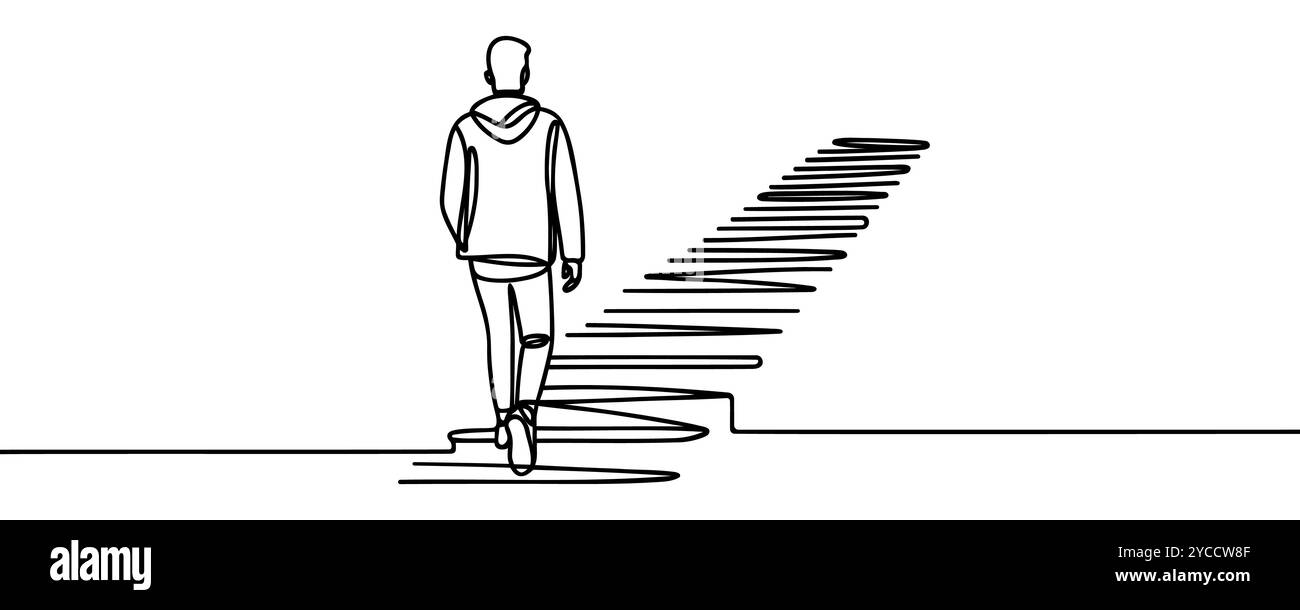 Continuous one line drawing. Man climbing stairs to the target. Concept ...