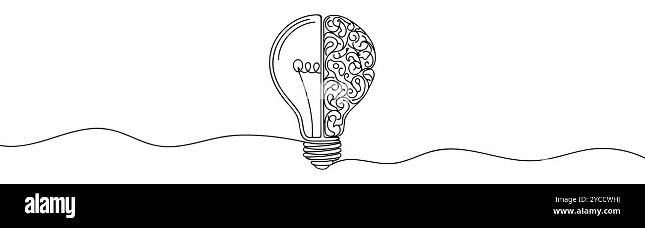 continuous line art or one line a light bulb half brain logical concept ...