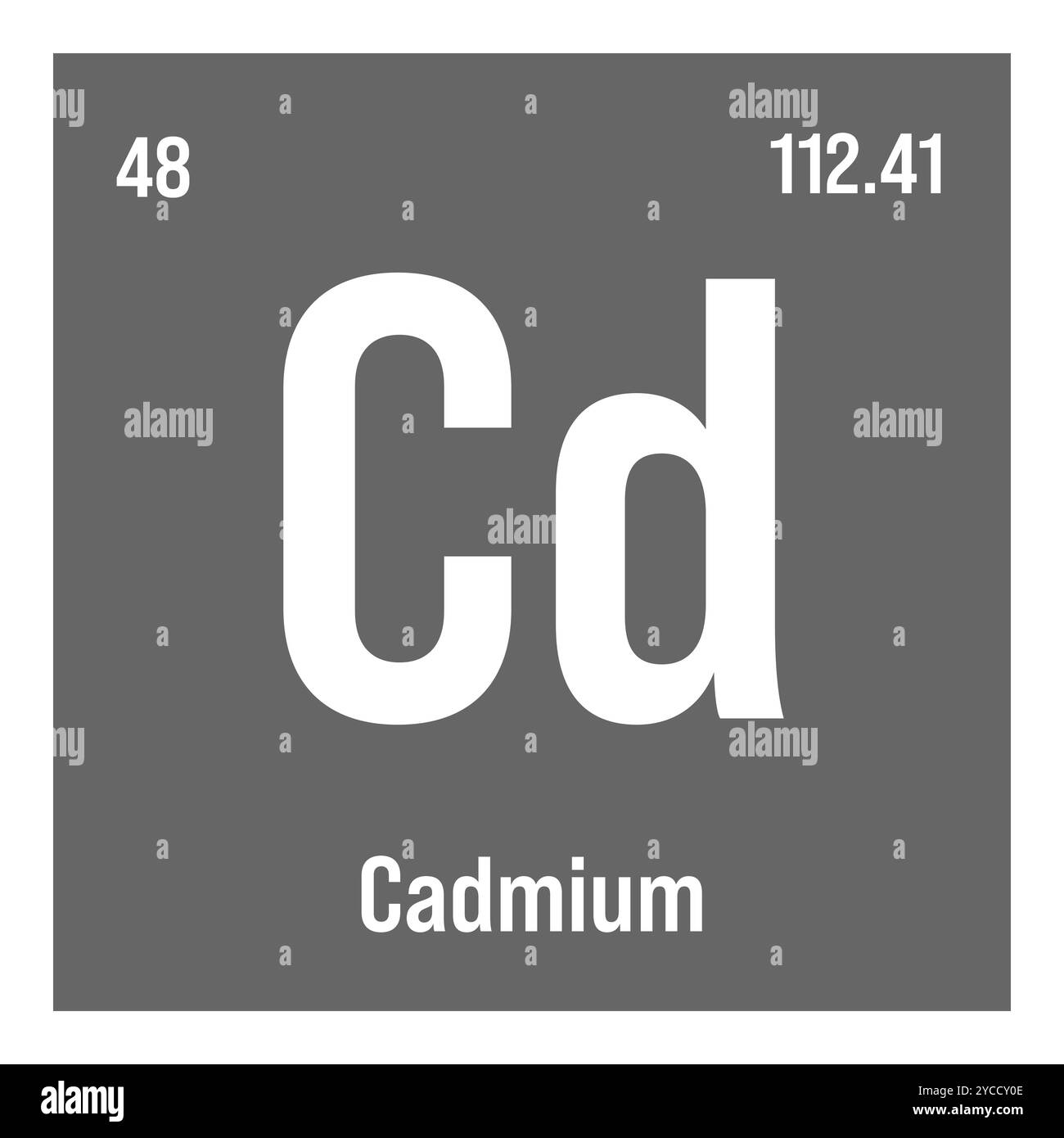 Cadmium, Cd, periodic table element with name, symbol, atomic number and weight. Heavy metal with limited industrial uses due to its toxicity, but commonly used in batteries, pigments, and electroplating. Stock Vector