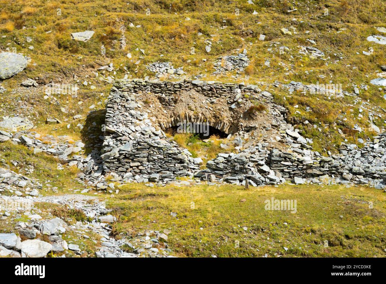 entrance to the Menouve Tunnel, first attempt to build a tunnel in the Alps, between Savoy and Switzerland, Menouve Valley, Valle d'Aosta, Italy Stock Photo