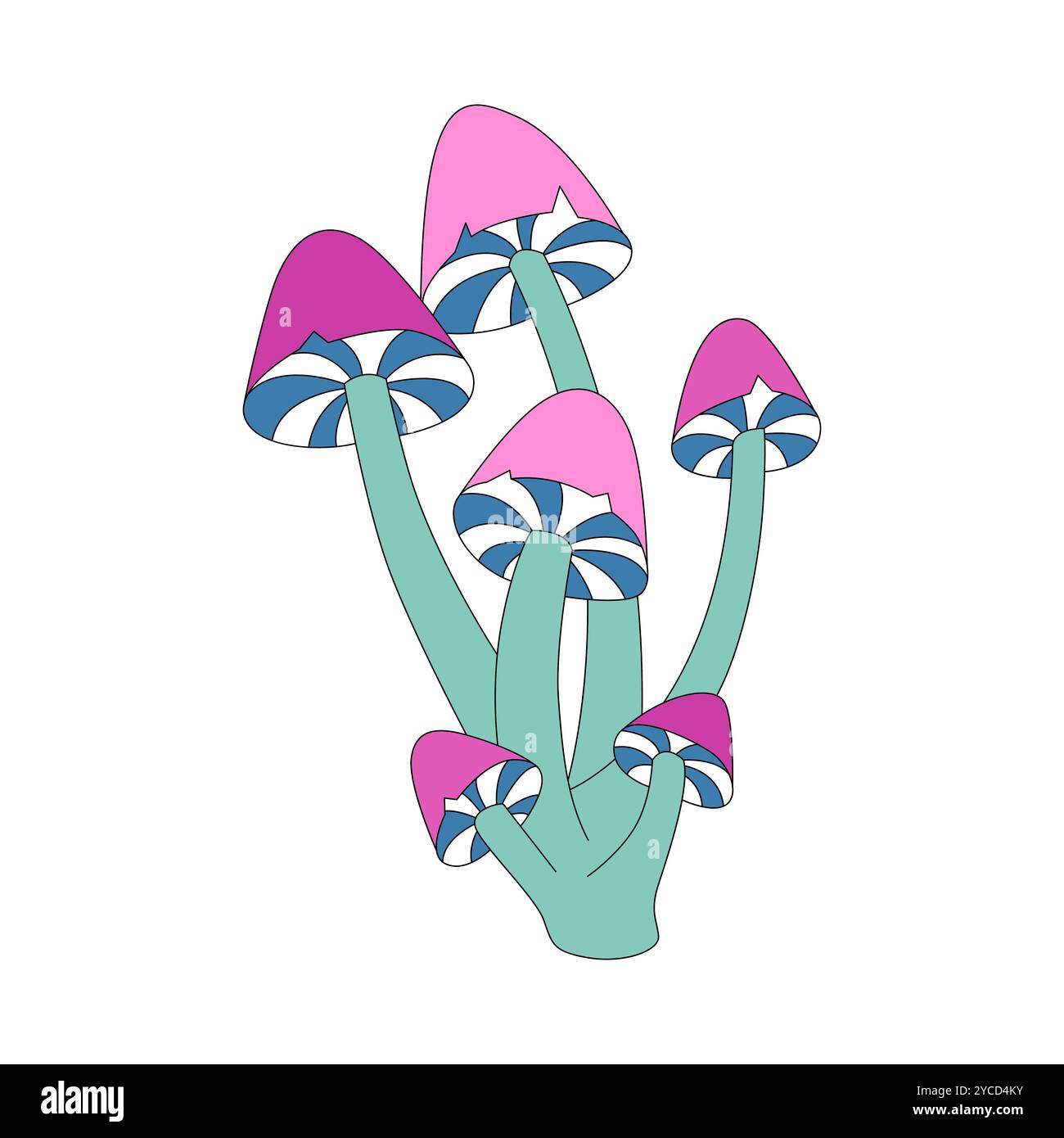 Groovy psychedelic hippie mushrooms bunch with purple and pink caps ...