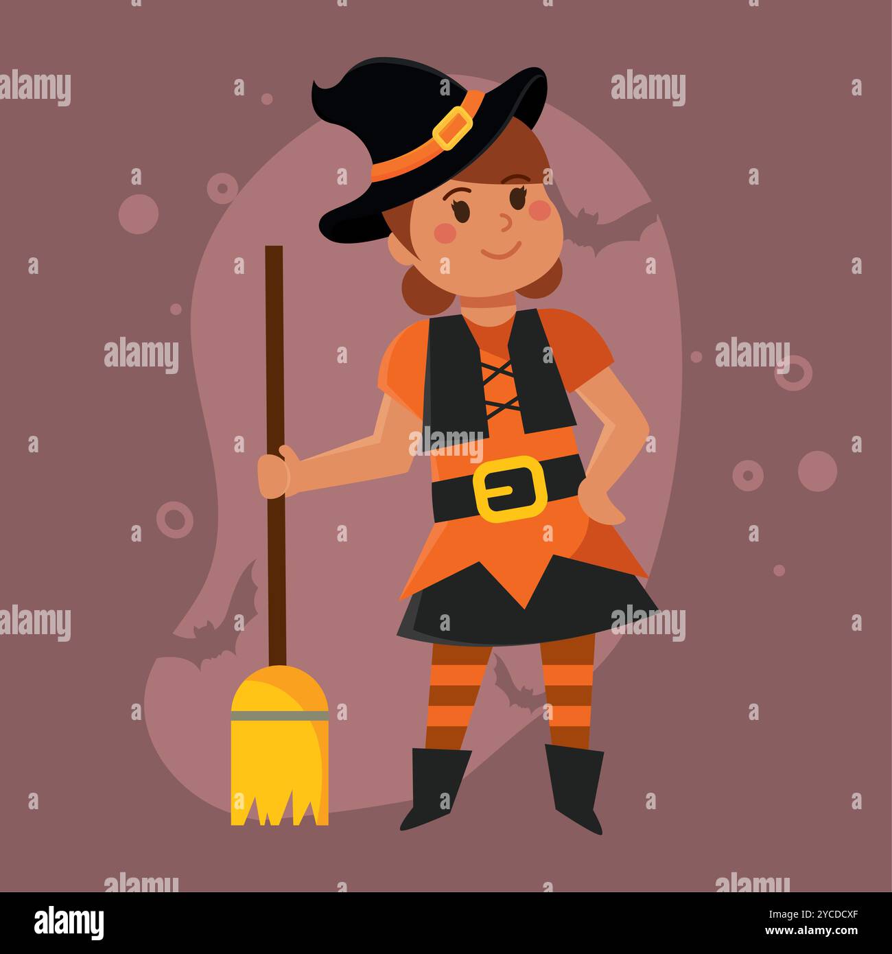 Cartoon witch girl with broom in orange Halloween costume, Vector Stock ...