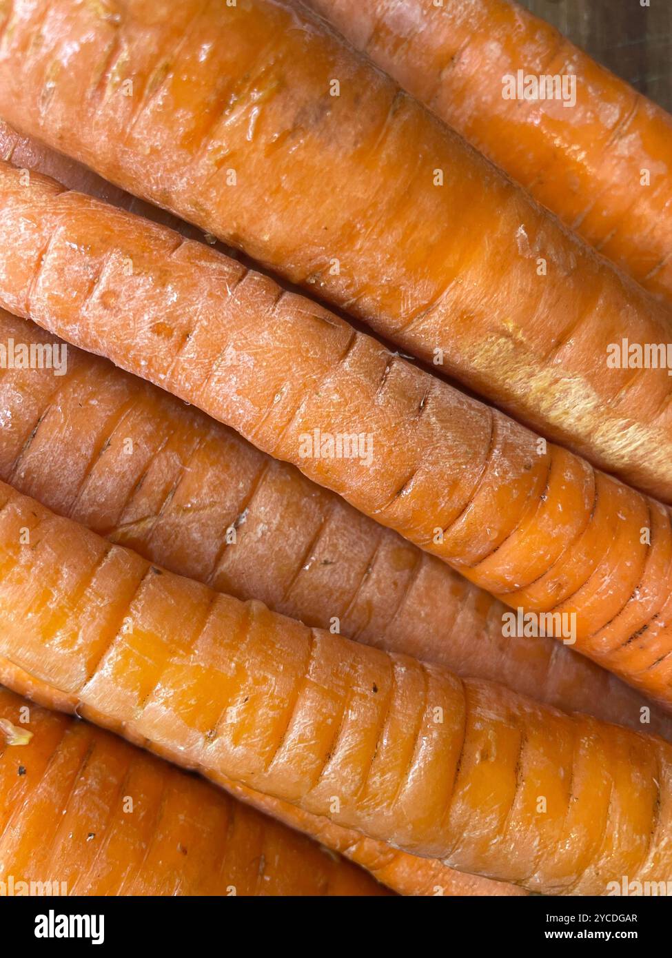 Fresh, whole carrots arranged in a line, showcasing their vibrant orange hues and natural, unpeeled texture. - Smartphone Captured Stock Image