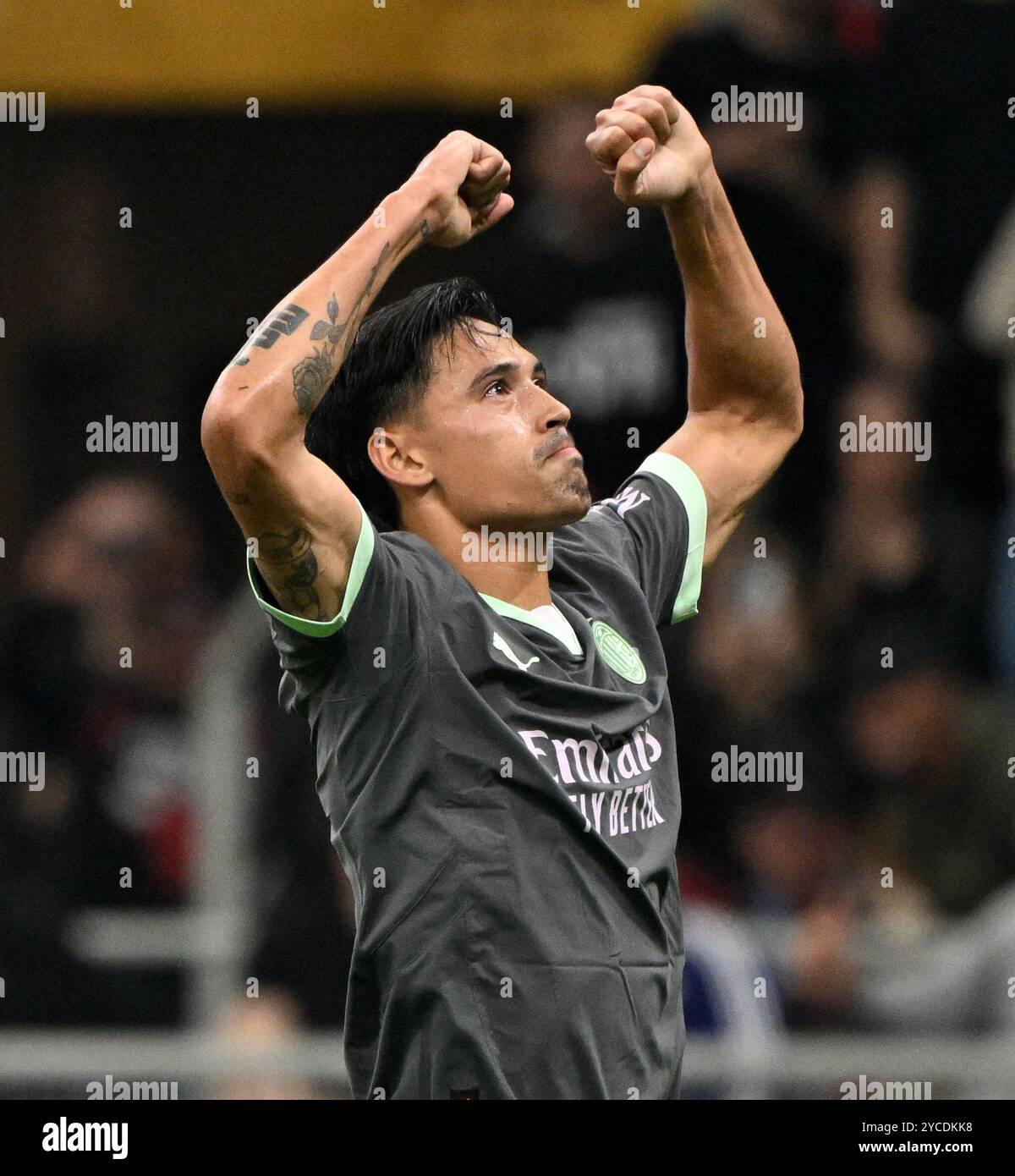 Milan, Italy. 22nd Oct, 2024. AC Milan's Tijjani Reijnders celebrates his goal during the UEFA Champions League match between AC Milan and Club Brugge in Milan, Italy, Oct. 22, 2024. Credit: Alberto Lingria/Xinhua/Alamy Live News Stock Photo