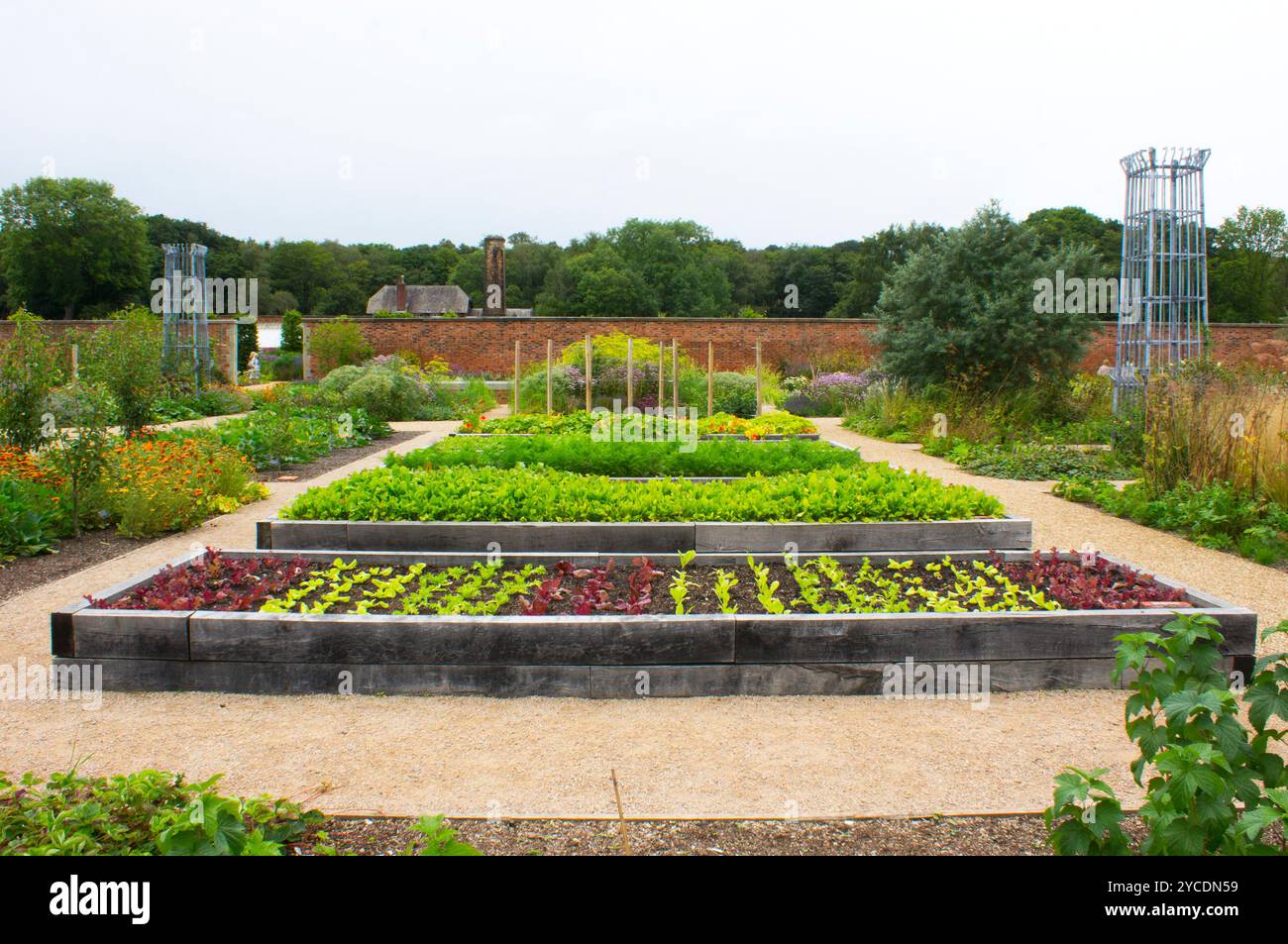 Raised vegetable beds at RHS Bridgewater Garden, near Manchester, UK. Part of the walled garden. Stock Photo