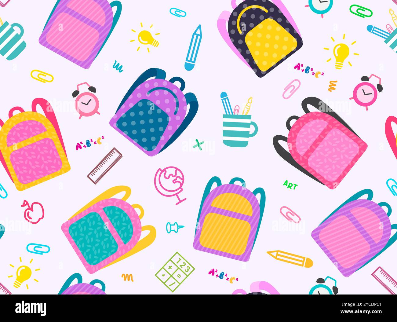 Backpack school seamless vector design. School bag colorful elements and learning items and supplies. Vector illustration flat element Stock Vector