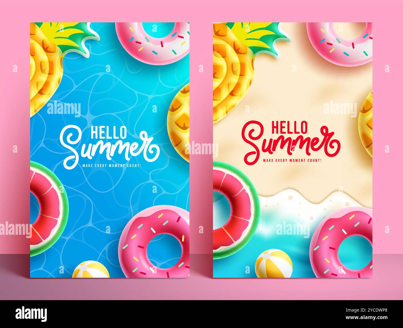 Hello summer poster set design. Hello summer text with floater inflatable element in background. Vector illustration summer greeting collection layout Stock Vector