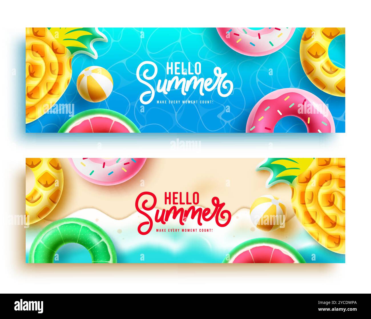 Hello summer vector poster set design. Hello summer greeting text with beach element in seashore and sea background. Vector illustration summer banner Stock Vector