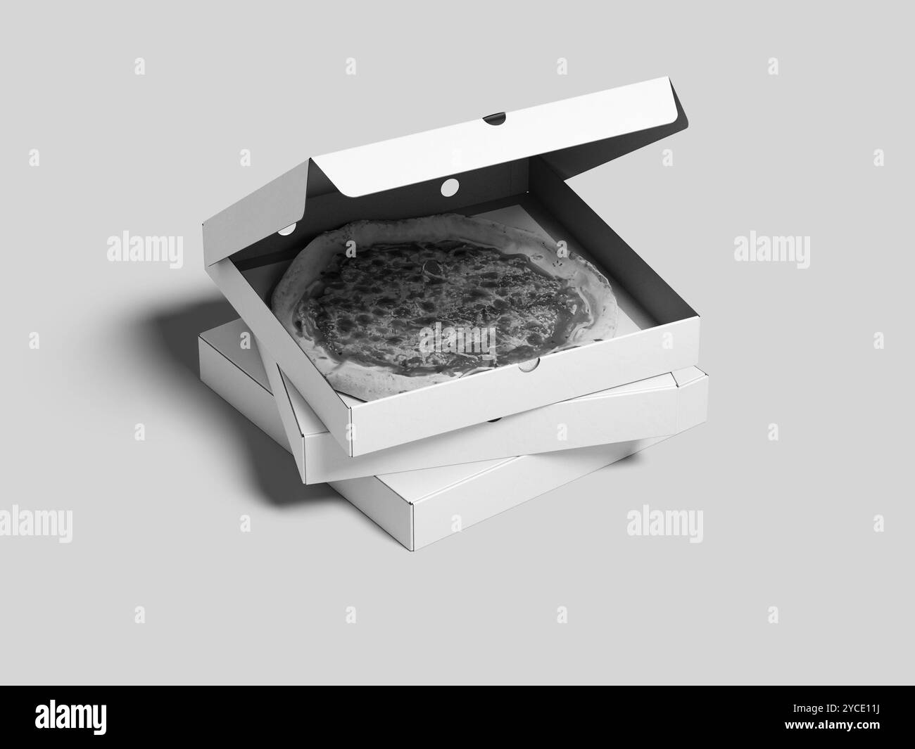 Realistic Pizza With White Box Packaging Isolated 3D Mockup Stock Photo