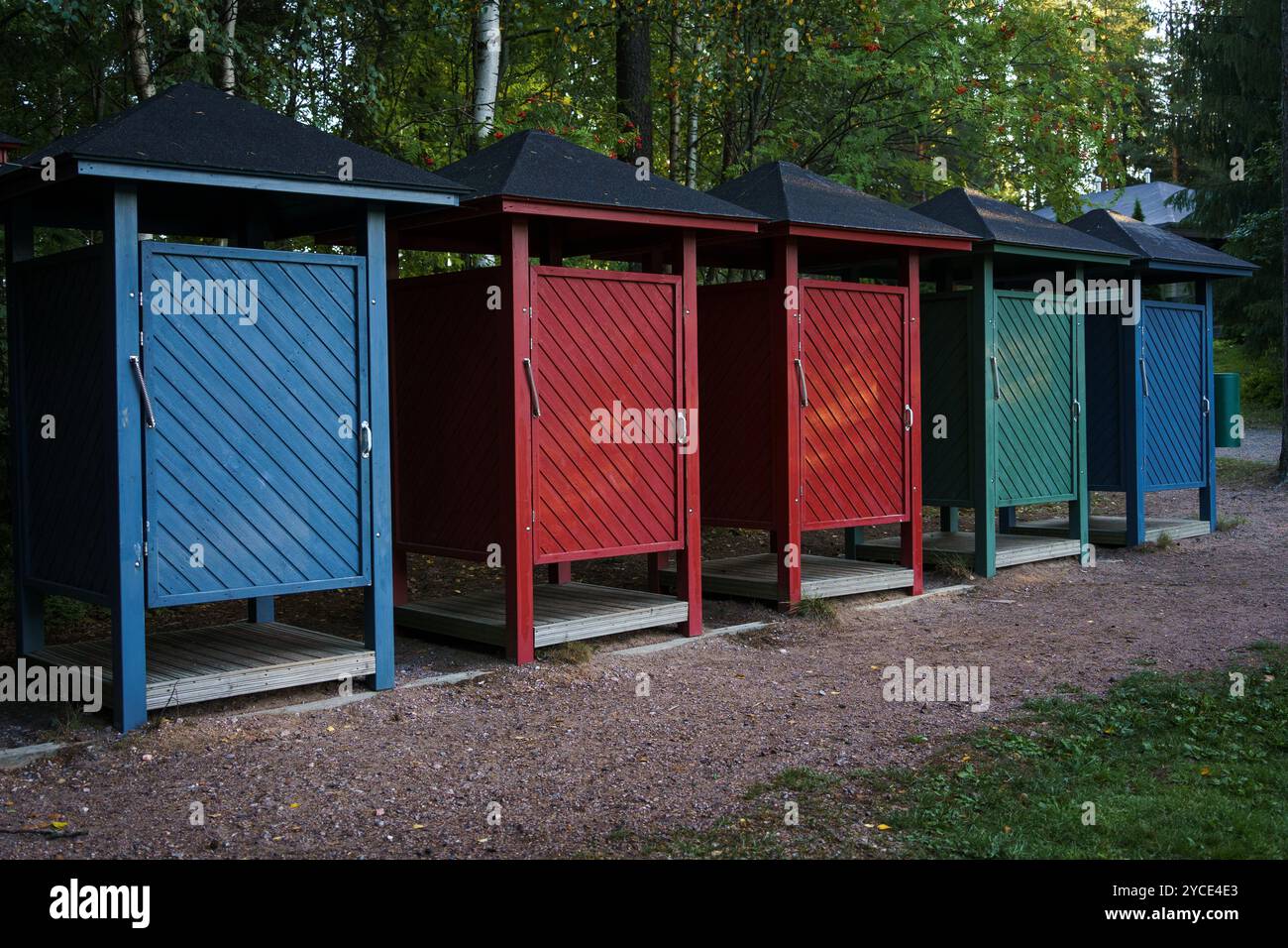 Colorful outdoor changing shelters in row Stock Photo
