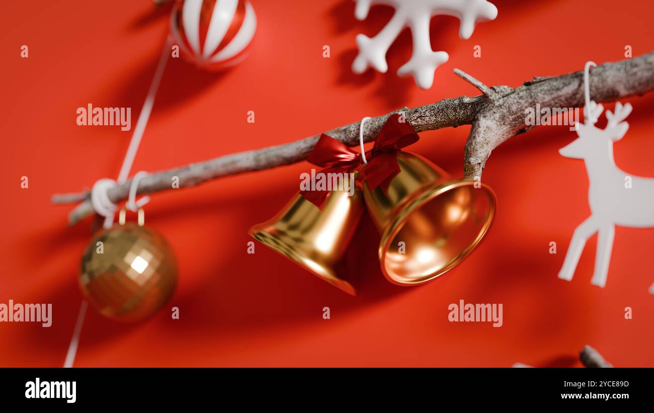 Various Christmas decorations hung on a red background.3d rendering Stock Photo