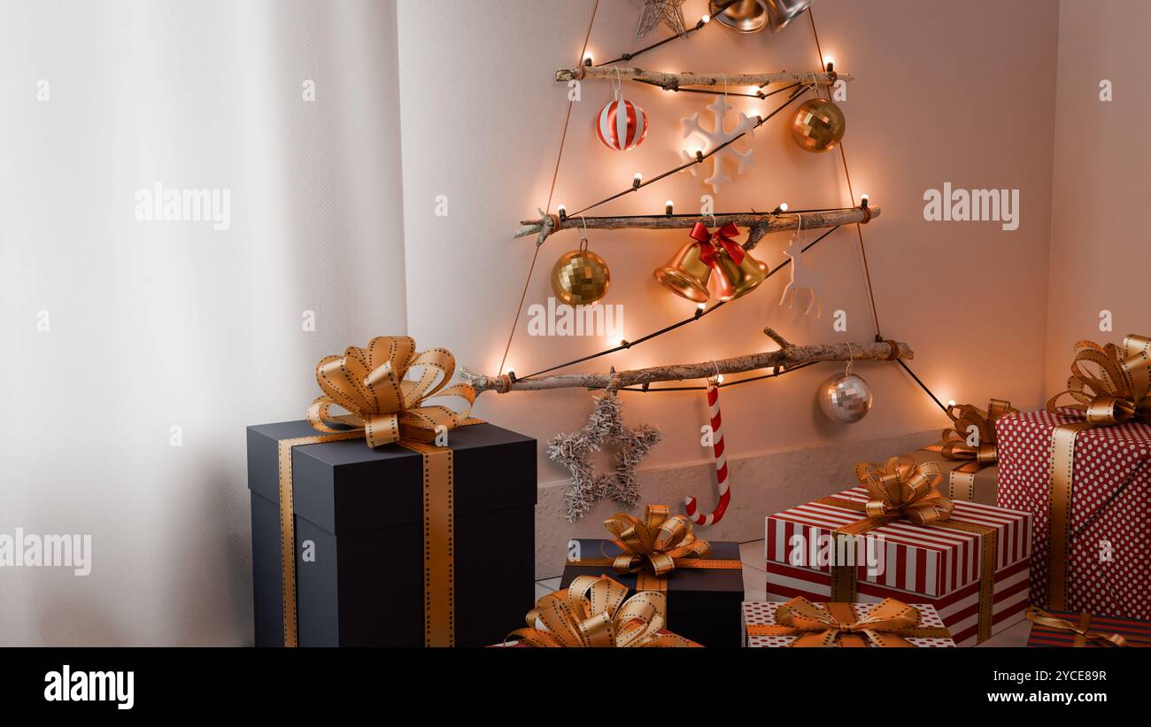 A tree-shaped Christmas decoration hangs on a white wall, with several gift boxes in front.3d rendering Stock Photo