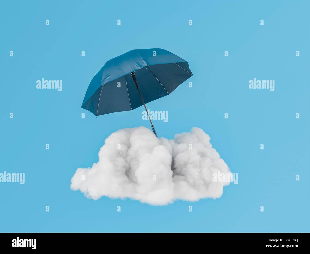Blue umbrella above white cloud on blue isolated background. 3d rendering Stock Photo