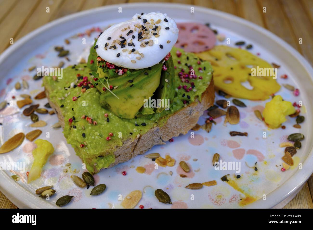 Avocado bread with egg, Breakfast, Food, Barcelona, Catalonia, Spain, Europe Stock Photo