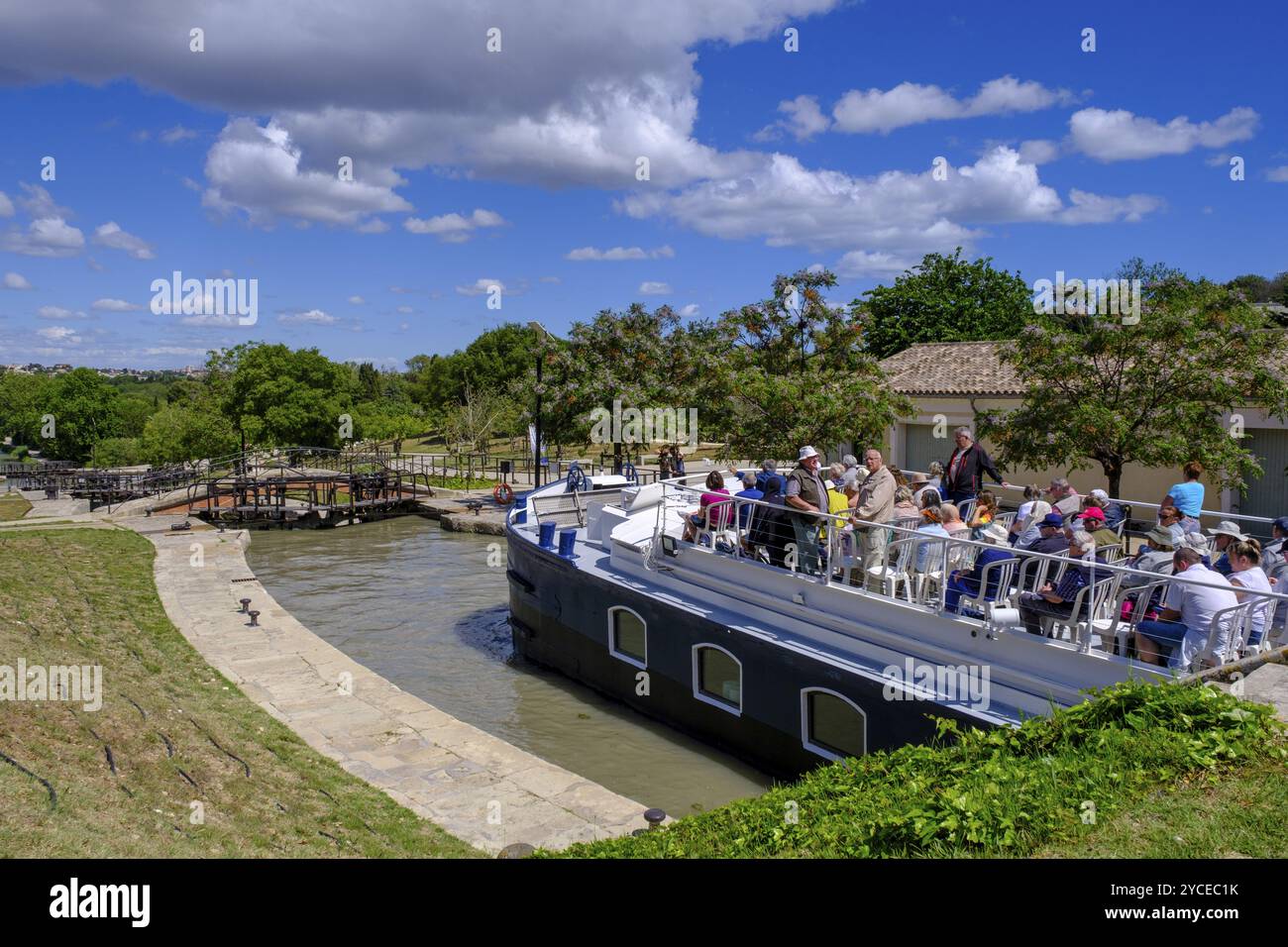 Fonseranes lock stairs, Echelle d'Ecluses de Fonseranes, Neuf Ecluses, Canal du Midi, Beziers, Herault, Languedoc-Roussillon, France, Europe Stock Photo